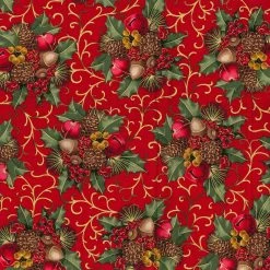 Cheap ✨ Fabric Traditions 🎄 Christmas Red Glitter Berries & Bells Cotton Fabric 👏